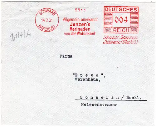 DR 1931, 4 Pf. Maschinen Werbe Freistempel auf Brief v. Schwaan n. Schwerin