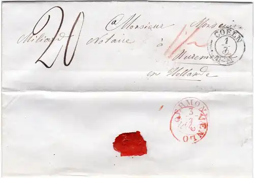 Preussen 1847, K2 COELN auf Porto Brief n. Roermonde, NL