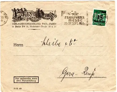 DR 1923, 15 T./40 Mk. m. perfin Firmenlochung auf  Brief v. Berlin