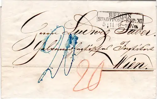 Preussen 1859, R3 BERLIN StPExp. XI auf Porto Brief ("20" Kreuzer) n Österreich