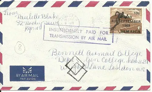 Jamaica 1969, Insufficiently paid for...Air mail auf Brief m. 1 Sh. n. GB