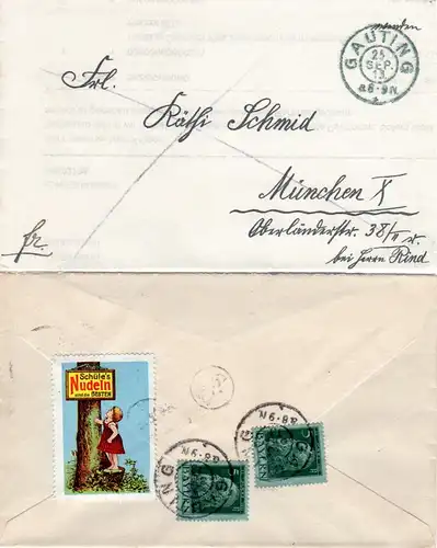 Bayern 1913, 2x5 Pf. u. attraktive Werbe Vignette rücks auf Brief v. GAUTING