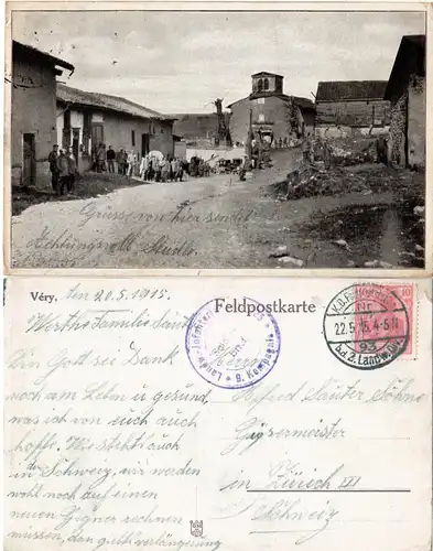 DR 1915, 10 Pf. auf WW I Feldpost AK v. Véry Frankreich i.d. Schweiz. 