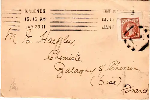 GB 1911, Ganzsachenausschnitt 1/2d auf Drucksache Brief v. GB n. Frankreich