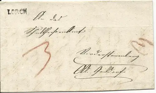 Württemberg 1845, L1 LORCH auf Porto Brief v. Pfahlbronn n. Vordersteinenberg