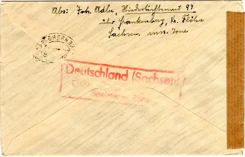 1946, 25+50 Pf. auf Zensur Brief v. Frankenberg n. Österreich. Rücks. rot PLZ-R3