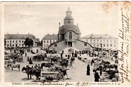 Schweden, Lidköping Torget m. Pferden u. Personen, 1904 gebr. sw-AK