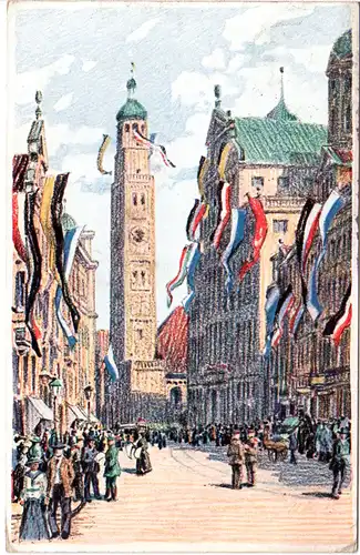 Augsburg in Flaggenschmuck, Hindenburgtag 1915, gebr. Farb-AK 