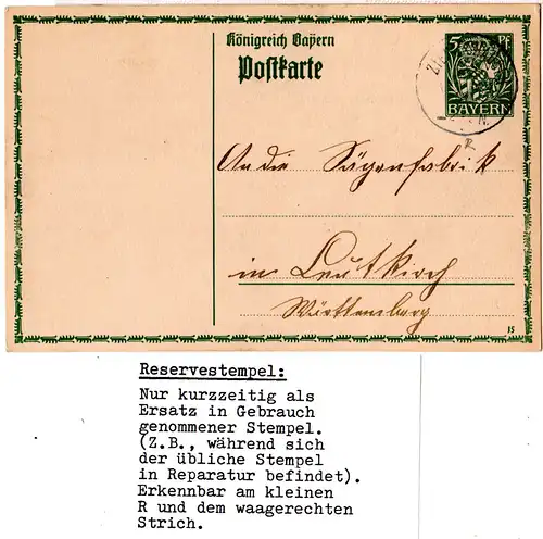 Bayern 1918, Reservestempel ZIEMETSHAUSEN R auf 5 Pf. Ganzsache.