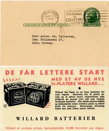 USA 1931, 1 C. Ganzsache m. rücks. Batterie Zudruck v. Cleveland n. Norwegen