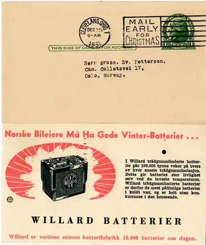 USA 1931, 1 C. Ganzsache m. Auto Batterie Zudruck v. Cleveland n. Norwegen