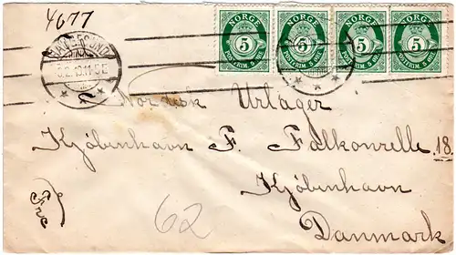 Norwegen 1919, 4x5 öre auf Brief v. HAUGESUND n. Dänemark.
