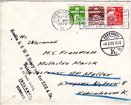 Dänemark 1939, 5+10+15 öre auf Reederei Brief v. Kopenhagen i.d. Türkei