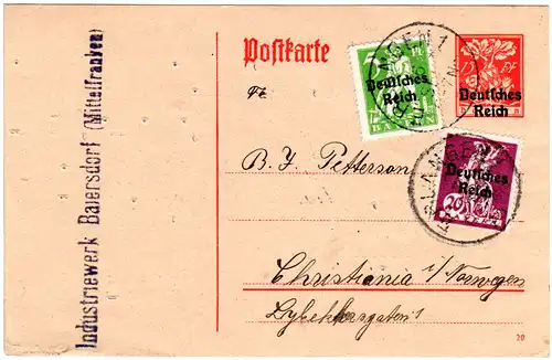 DR 1920, 5+20 Pf. Zusatz auf 15 Pf. Ganzsache v. Erlangen n. Norwegen