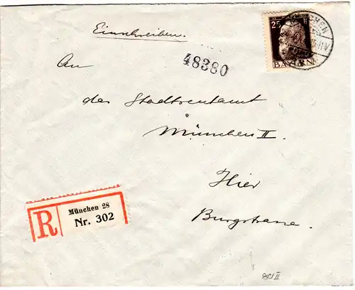 Bayern 1914, EF 25 Pf. auf Orts-Reko Brief v. München 28