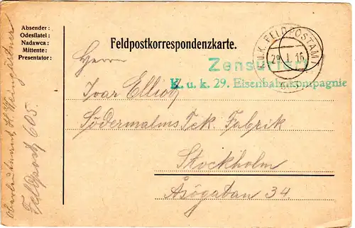 Österreich 1916, Eisenbahn Kompagnie Zensur-L2 auf Karte m Stpl. Feldpostamt 605