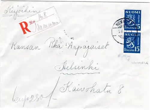 Finnland 1949, NUMMELA, handschriftlicher Reko Zettel auf Brief m. Paar 15 M.