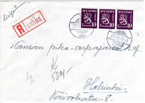 Finnland 1949, JI, handschriftlicher Reko Zettel auf Brief m. MeF 3x10 M
