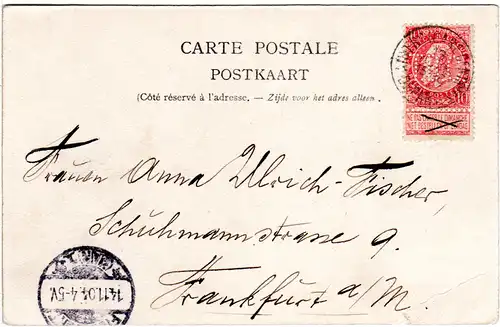 Belgien 1904, 10 C. m. perfin auf Karte v. Anvers n. Frankfurt.
