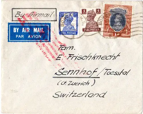 Indien 1945, 3 Marken auf Brief m. rotem Luftpost Annullierungsstpl. i.d. CH