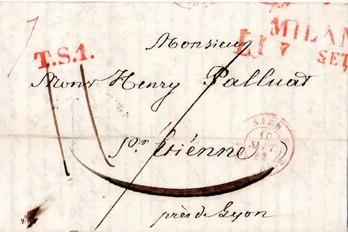 Italien Lombardei 1842, schöner Brief v. Milano m. T.S.1. n. Frankreich