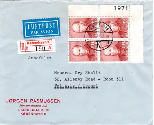 Dänemark 1967, 4er-Block m. Bogennummer auf Reko Brief v. Kopenhagen n. Israel