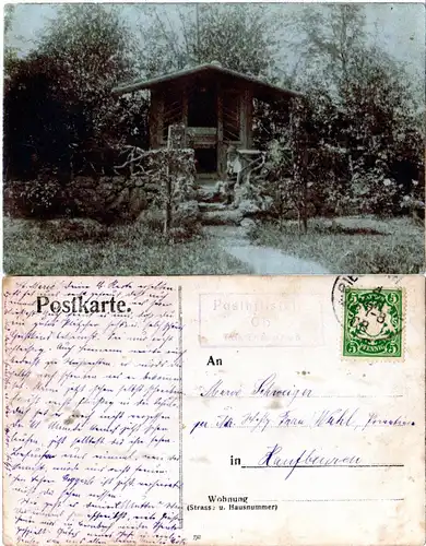 Bayern 1908, Posthilfstelle OB Taxe Bidingen auf sw-Foto AK m. Gartenhaus u Kind