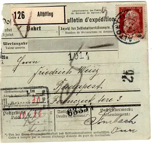 Bayern 1914, EF 50 Pf. Luitpold auf Paketkarte v. ALTÖTTING n. Ungarn