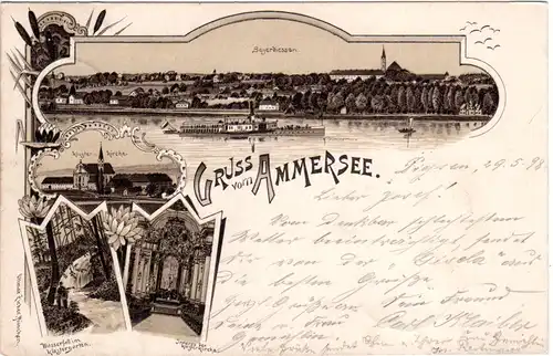 Gruß vom Ammersee m. Beyerdiessen, 1898 v. Erling gebr. Litho-AK
