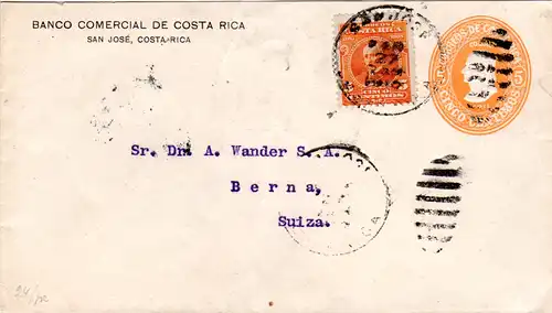 Costa Rica 1915, 5 C. auf 5 C. Bank Ganzache Brief v. San José i.d. Schweiz