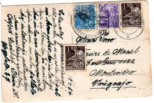 Plauen, Bahnhofstrasse m. Trambahn, 1954 m. 4 Marken n. Uruguay gebr. sw-AK