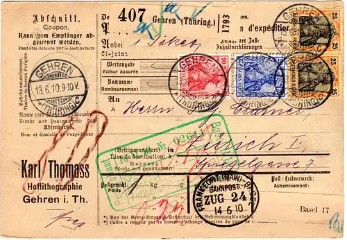 DR 1910, 10+20+2x25 Pf. Germania auf Paketkarte v. GEHREN i.d. Schweiz