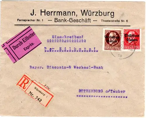 Bayern 1919, 10+50 Pf. Volksstaat auf Einschreiben Eilboten Brief v. Würzburg