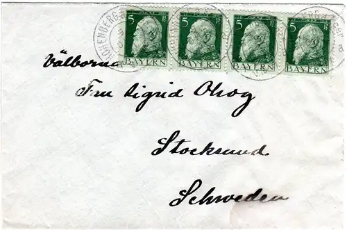 Bayern 1911, 4er-Streifen 5 Pf. auf Brief v. HOHENBERG a. EGER n. Schweden.