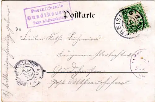 Bayern 1900, Posthilfstelle GUNDIHAUSEN Taxe Altfraunhofen auf Karte v. Freising