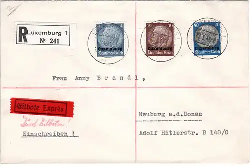 Luxemburg 1941, 4+10+80 Pf. portorichtig auf Reko Express Brief m. Ankunftstpl.