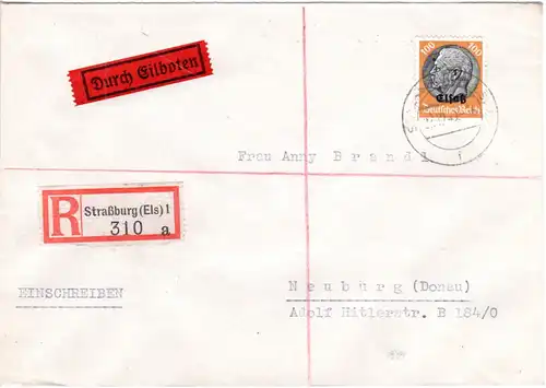 Elsass 1941, 100 Pf. auf Eilboten Express Brief v. Straßburg (Kat. 120 €).
