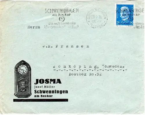 DR 1930, EF 25 Pf. auf Brief m. Uhrenstadt Stpl. v. Schwenningen n. Schweden