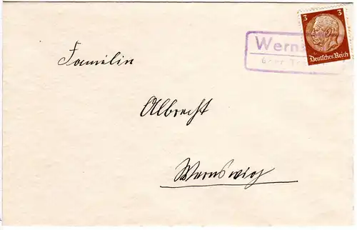 DR, WERNSDORF über Trysa, Landpost Stpl. als Entwerter (!) auf Ortsrief m. 3 Pf.