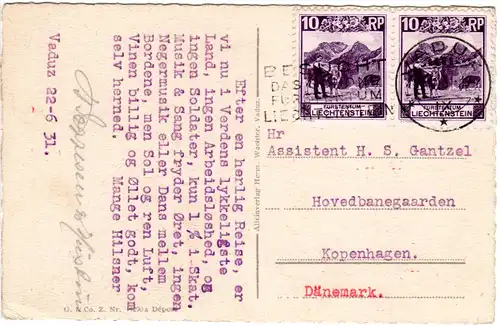 Liechtenstein 1931, Paar 10 Rp. auf Karte m. Werbestpl. v. VADUZ n.Dänemark