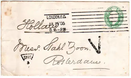 GB 1905, V + SUBN 3 marks on 1/2d stationery envelope from London to NL