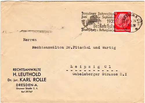 DR 1935, Dresden Maschinenstpl. Der Rote Hahn Feuerschutz...auf Brief m. 12 Pf.