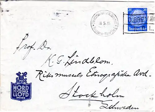 DR 1935, 25 Pf. auf Lloyd Brief n. Schweden m. Schiffspost Stpl. Dampfer Bremen