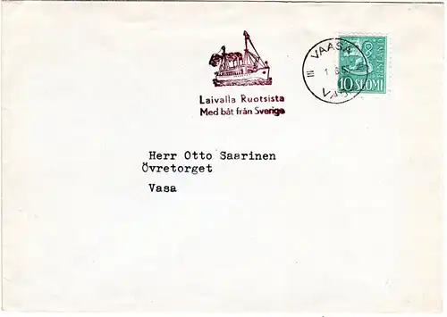 Finnland 1955,  Brief m. Vaasa Schiffspost Anlandungsstpl. Laivalla Ruotsista