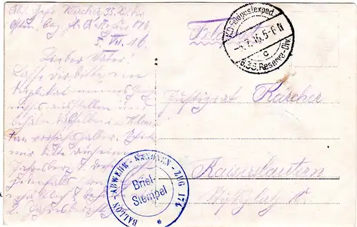 FP WK I 1916, Karte m. Briefstpl. BALLON-ABWEHR-KANONEN-ZUG 174