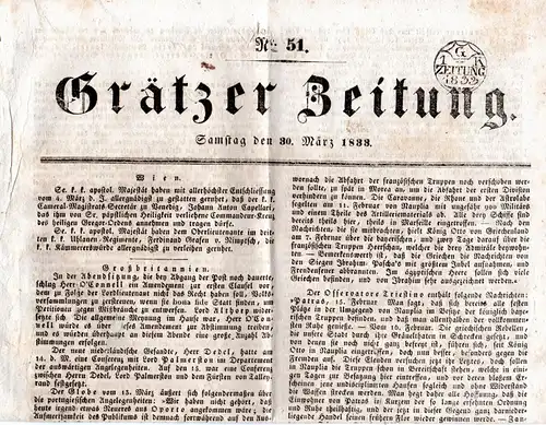 Österreich 1833, Grätzer Zeitung v. 30. März m. schönem Zeitungsstempel