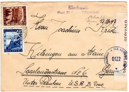 Österreich 1947, 20+80 G. auf Brief m. L2 BIERBAUM Post St. Peter/Ottersbach