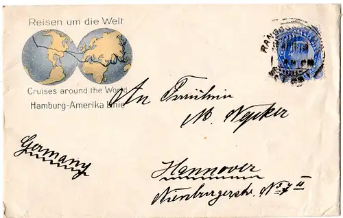 Indien 1912, 2 1/2 As. auf Hamburg-Amerika Linie Umschlag v. Rangoon Burma