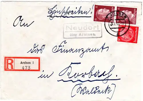 DR 1942, NEUDORF über Arolsen, Landpost Stpl. auf Einschreiben Brief 