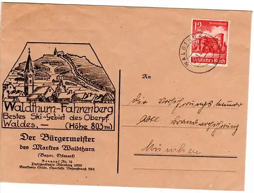 DR 1941, 12 Pf. auf illustriertem Bürgermeister Brief v. Waldthurn-Fahrenbach